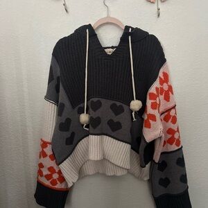 POL Black and Gray V-Neck Sweater with Heart Patterns